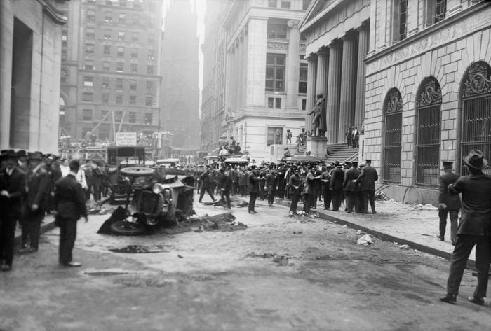 Mandatory Credit: Photo by Glasshouse Images/Shutterstock (8607703a) Damage from Terrorist Bomb Explosion, Wall Street, New York City, New York, USA, Bain News Service, September 16, 1920 VARIOUS