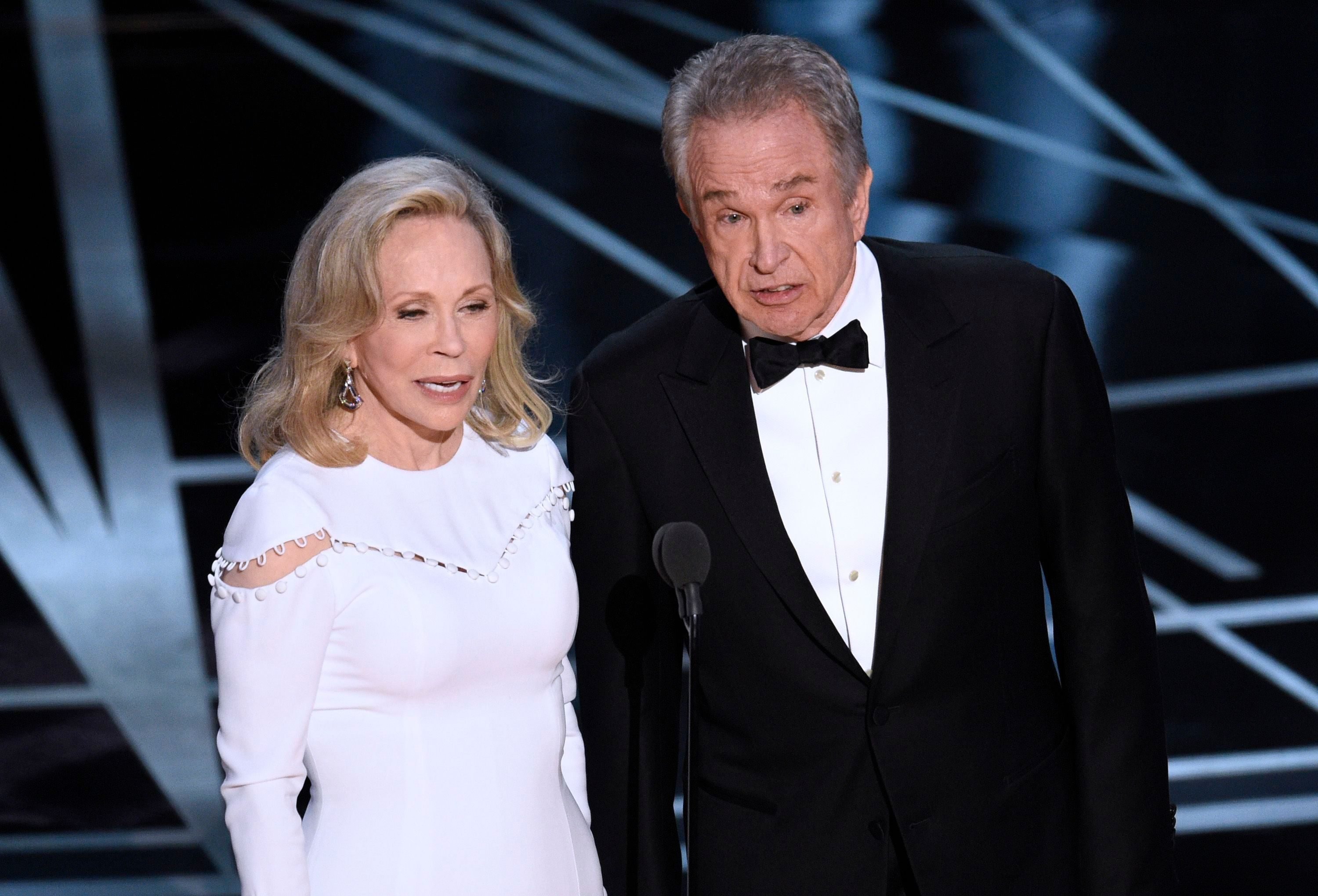Mandatory Credit: Photo by Invision/AP/Shutterstock (9241604de) Faye Dunaway, left, and Warren Beatty present the award for best picture at the Oscars, at the Dolby Theatre in Los Angeles 89th Academy Awards - Show, Los Angeles, USA - 26 Feb 2017