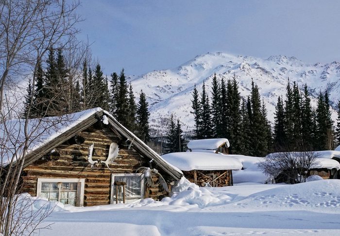 charming cabin alaska winter snow