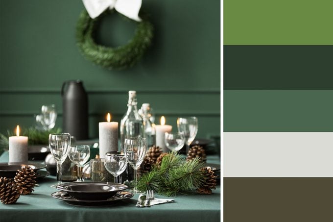 green christmas decorations on a table with place settings next to a christmas color palatte inspired by the image