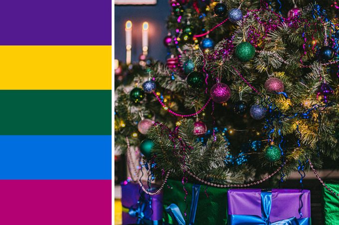 purple and colorful decorations on a christmas tree and wrapped gifts next to a christmas color palatte inspired by the image