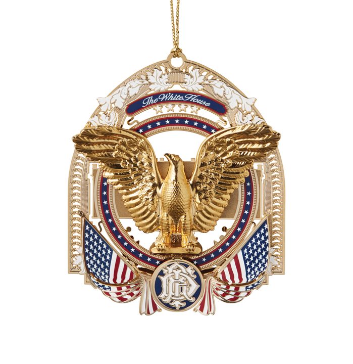 This image is of the 2017 White House Christmas Ornament honoring Franklin D. Roosevelt, the 32nd President of the United States. The ornament was inspired by the eagle cartouche adorning the speaker's stand at President Roosevelt's first inauguration in 1933. The 2017 ornament was the 37th annual ornament presented by the White House Historical Association.