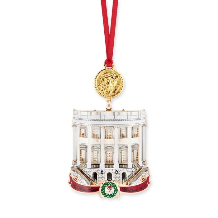 The White House Historical Associations 2018 White House Christmas Ornament honors the 33rd president, Harry S. Truman. The ornament illustrates significant changes made to the White House during Trumans administration, including his celebrated Truman Balcony, added in 194748 to the South Portico. The reverse side features his renovated Blue Room, which, like all the rooms of the house, was dismantled and rebuilt during the renovation of 194852. The Presidential Seal featured at the top of the ornament reflects the design as changed by Truman. Originally the American eagle looked toward its left talons, which hold a cluster of spears, weapons of war. Truman had the seal redesigned, turning the eagles head away from the spears to its right talons, which hold the olive branches of peace.