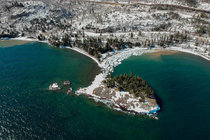 Aerial shot of island in northern Minnesota on Lake Superior