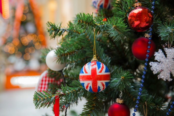 a Christmas tree decoration with british symbols