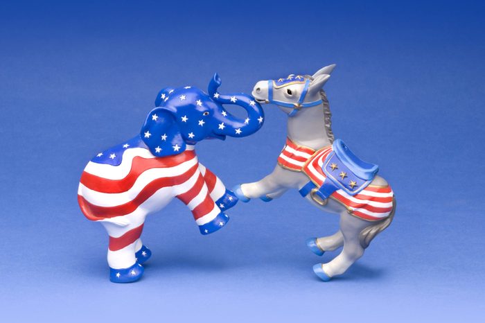 Republican and Democratic party mascots fighting it out on a blue background