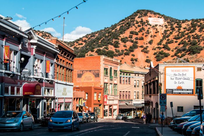 BISBEE, ARIZONA - NOV 16, 2014: Downtown Bisbee, Arizona and the large "B" on the hillside behind it, shot during late afternoon.