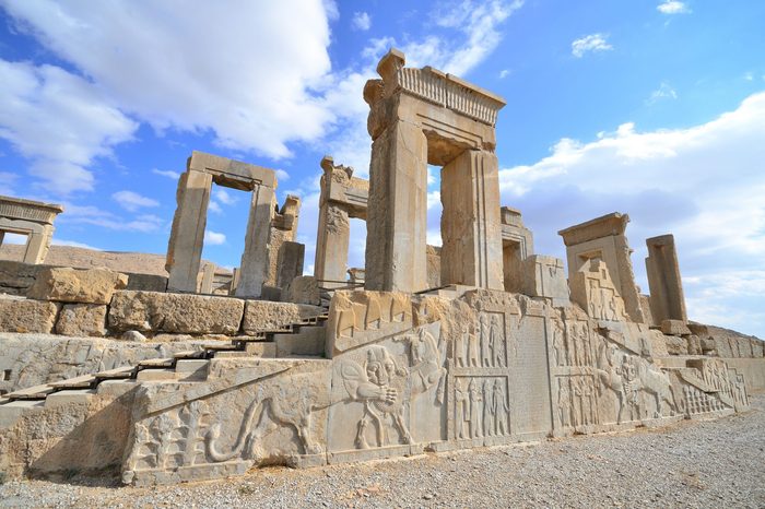 This is Persepolis ancient city with beautiful and blue sky , famous place to visit ,one of world heritage site , UNESCO in Shiraz , Iran 