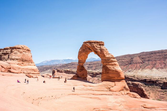 Moab, Utah: July 2, 2017: Delicate Arch at Arches National Park in Moab, Utah. Arches National Park was established as a national park in November 12, 1971.