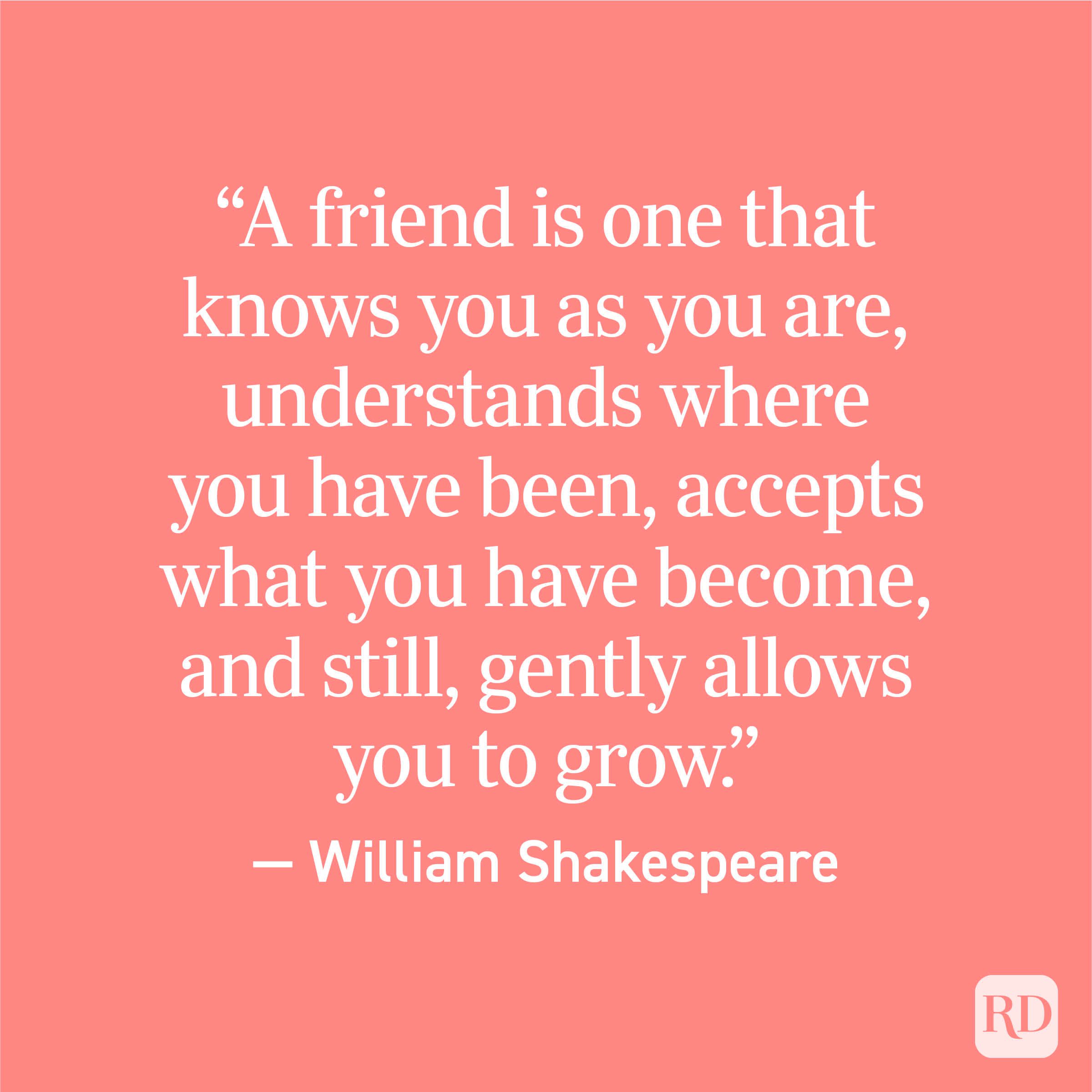 "A friend is one that knows you as you are, understands where you have been, accepts what you have become, and still, gently allows you to grow." - William Shakespeare
