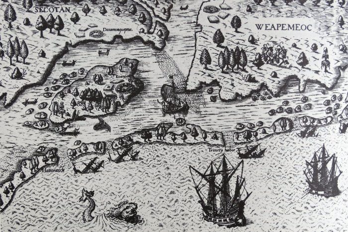 The arrival of Sir Walter Raleigh (1552-1618), in Virginia, leading to the settlement established on Roanoke Island under John White (c.1540-93