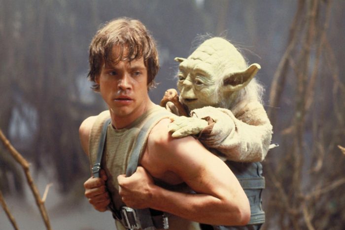 Mark Hamill and Yoda in the swamp, 1980