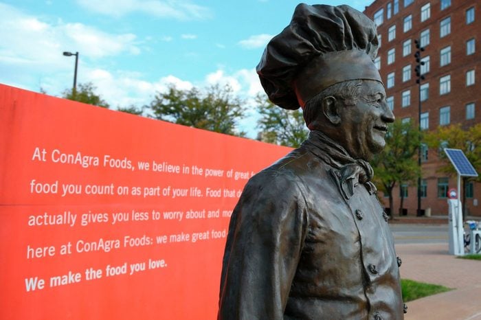 A statue of Chef Boyardee stands in front of the world headquarters of ConAgra Foods in Omaha, Neb