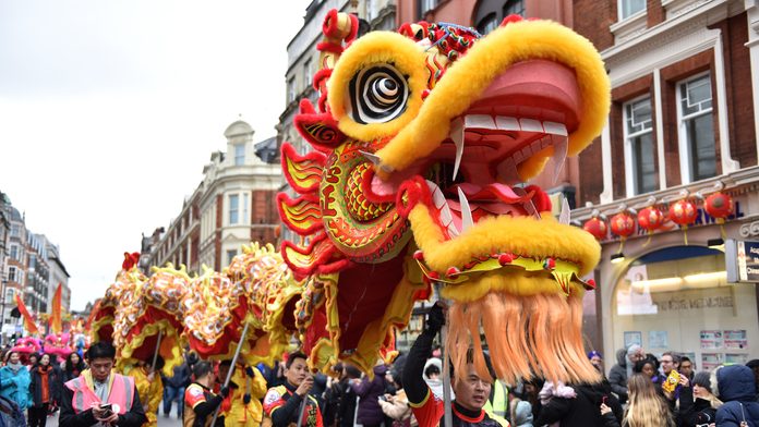 A Dragon dance is performed during the Chinese new year parade on February 10, 2019 in London, England.