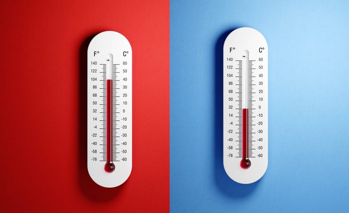 Thermometers on red and blue backgrounds
