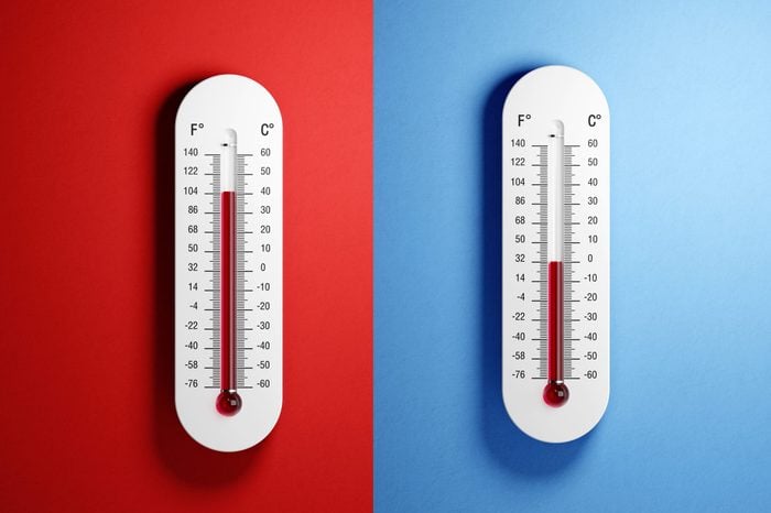 Thermometers on red and blue backgrounds