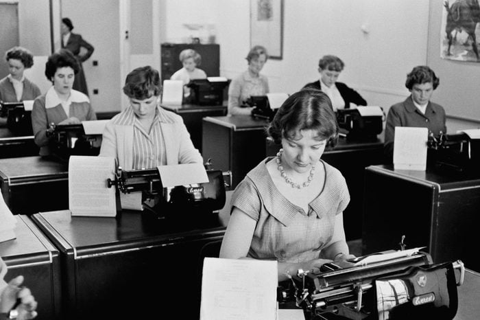 Typists at work at Unilever House in Blackfriars, London, September 1955