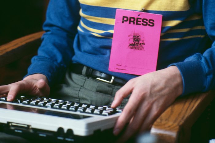 A journalist using a word processor at the New York Marathon, 27th October 1985
