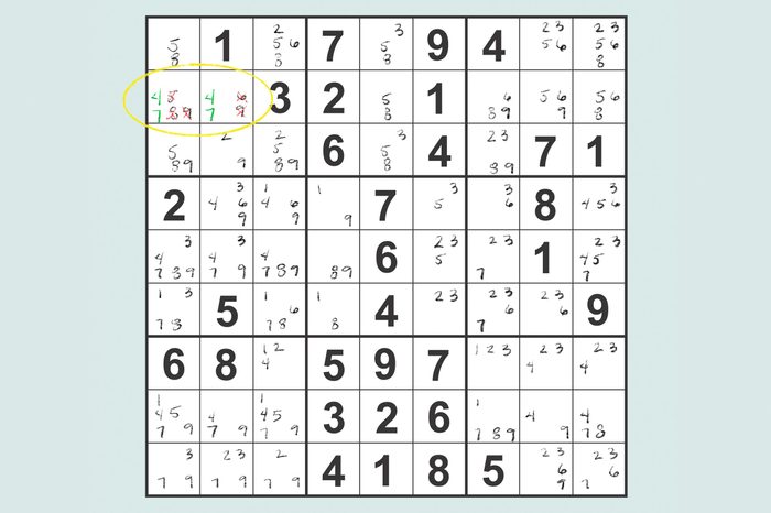 sudoku grid illustrating a hidden pair in the pencil markings