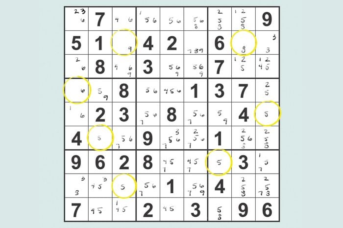 sudoku grid showing pencil markings and indicating single candidate squares