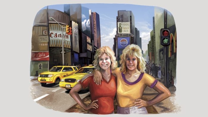 illustration of two sisters with new york city background. illustration by gel jamlang
