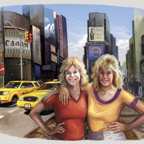 illustration of two sisters with new york city background. illustration by gel jamlang