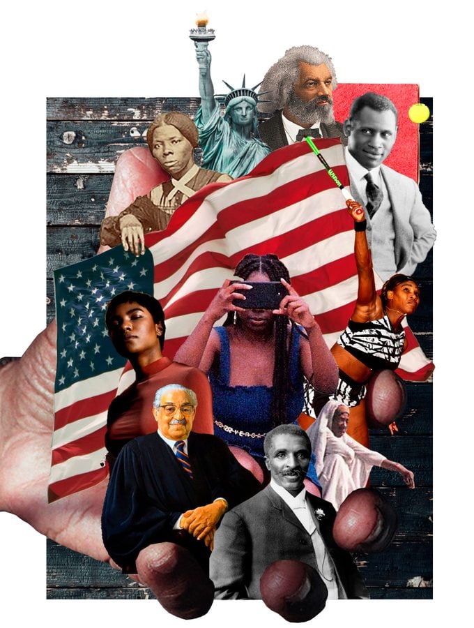 collage of famous black americans throughout history and the american flag held in the palm of a large hand