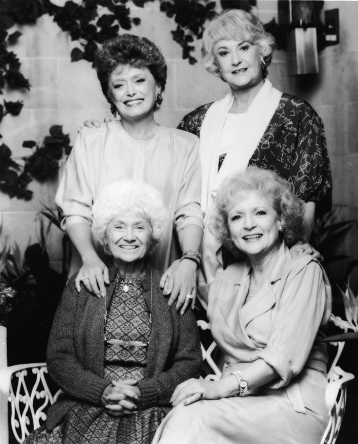 Promotional portrait of the cast of the TV series, 'The Golden Girls,' 1980s. CW, from top left: Rue McClanahan, Bea Arthur, Betty White and Estelle Getty.