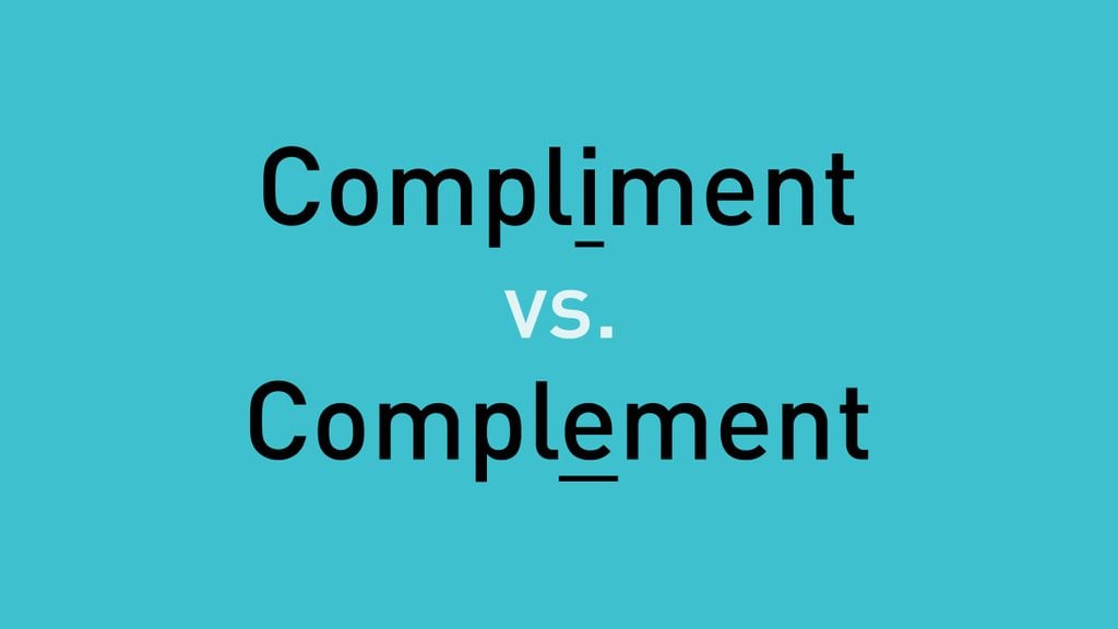text, "compliment vs. complement" on teal background
