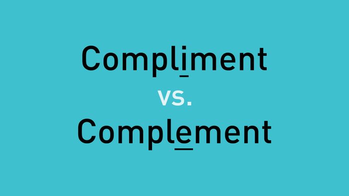 text, "compliment vs. complement" on teal background
