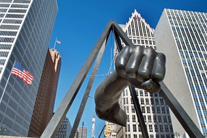 DETROIT JANUARY 26, 2018 Monument to Joe Louis, "The Fist", in Hart Plaza Downtown Detroit, January 26, 2018, Downtown Detroit, Michigan USA