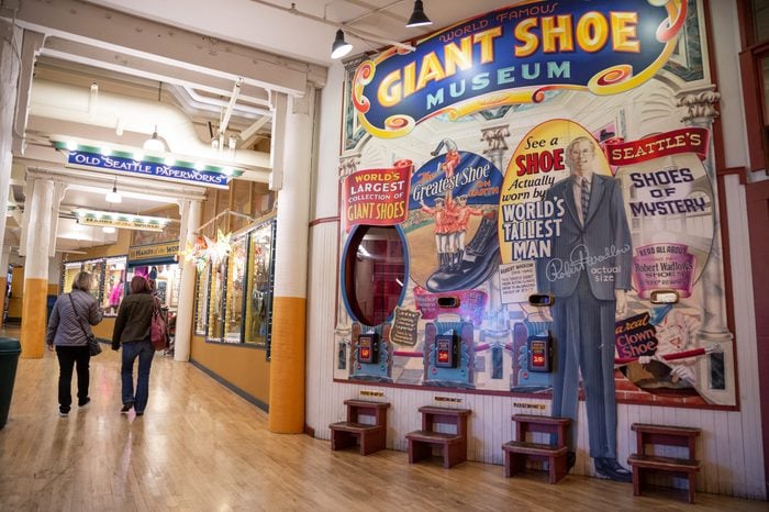 Seattle, Washington / USA - February 24 2015: Mural for the Giant Shoe Museum at Seattle's Pike Place Market