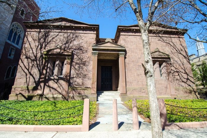New Haven, Connecticut - April 1, 2018: Exterior of the Skull and Bones secret student society on the Yale University campus