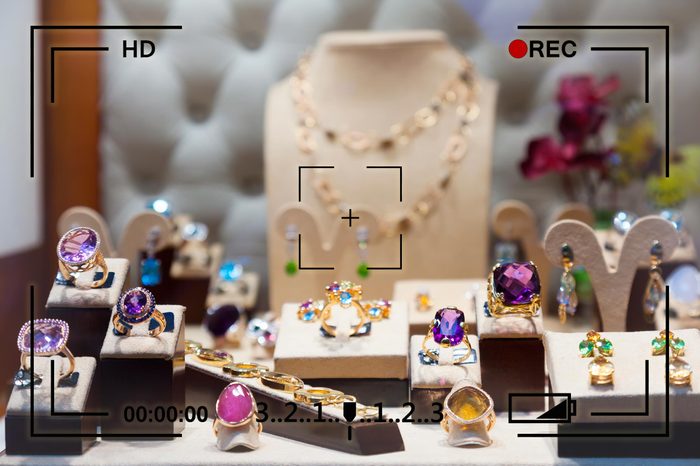 jewelry display with camera recording info overlay