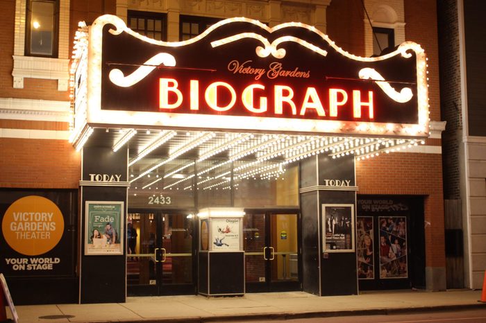 CHICAGO - DECEMBER 2017: Biograph Theater at Night in December 2017 in Chicago. Site where gangster John Dillinger was shot and killed in 1930s. Now home to Victory Gardens theater group.