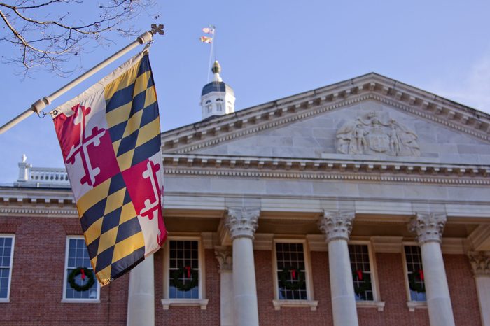 The flag outside the north entrance of the Maryland State House in Annapolis, MD. where the Maryland General Assembly convenes for three months a year.