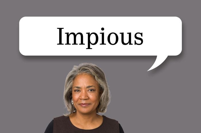 woman with speech bubble "impious"