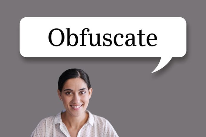woman with speech bubble "obfuscate"