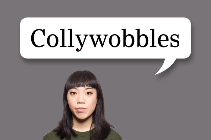 woman with speech bubble "collywobbles"