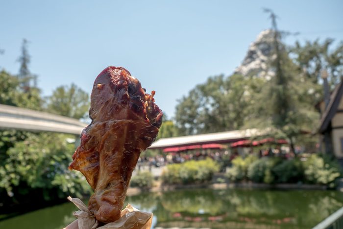 a hand holding big bbq crispy delicious turkey leg while riding a boat in a big park in the clear beautiful summer day with nice blue sky