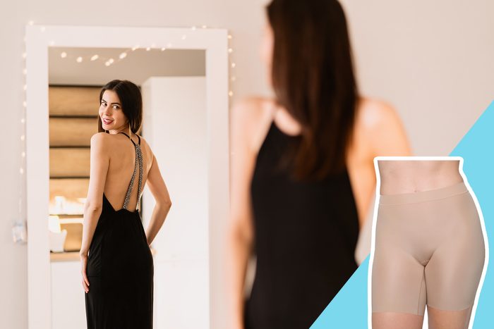 Confident woman looking at the back of her dress in the mirror, with inset of underwear