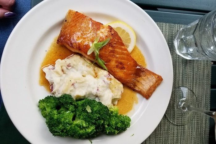salmon, potatoes and broccoli at The Inn & Spa at Cedar Falls