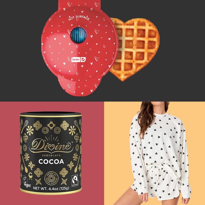 grid of three gifts: heart-shaped waffle iron, hot chocolate mix, and heart pajamas