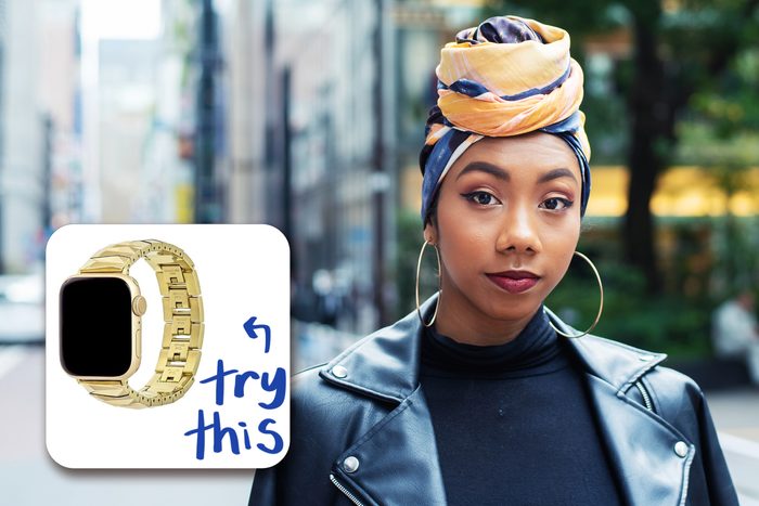 Street Portrait Of Beautiful Woman with inset of gold band for apple watch
