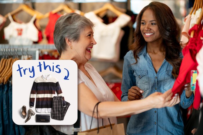 Black Saleswoman Helping A Senior Customer at clothes store, with inset of outfit to buy