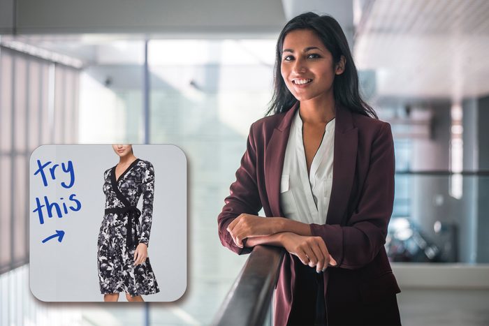 Businesswoman smiling in the office with inset of dress to buy
