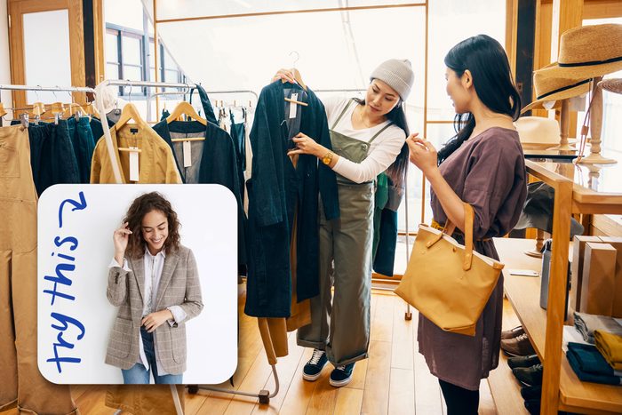 women shopping with inset of blazer to buy