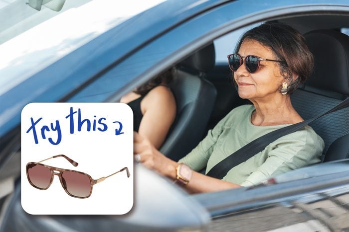 Mature Woman Driving A Car with inset of sunglasses to buy
