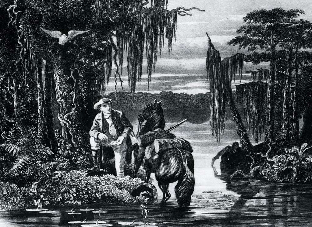 Illustration shows George Washington exploring and surveying Lake Drummond