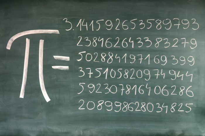 hand-written Pi numbers on green chalkboard.